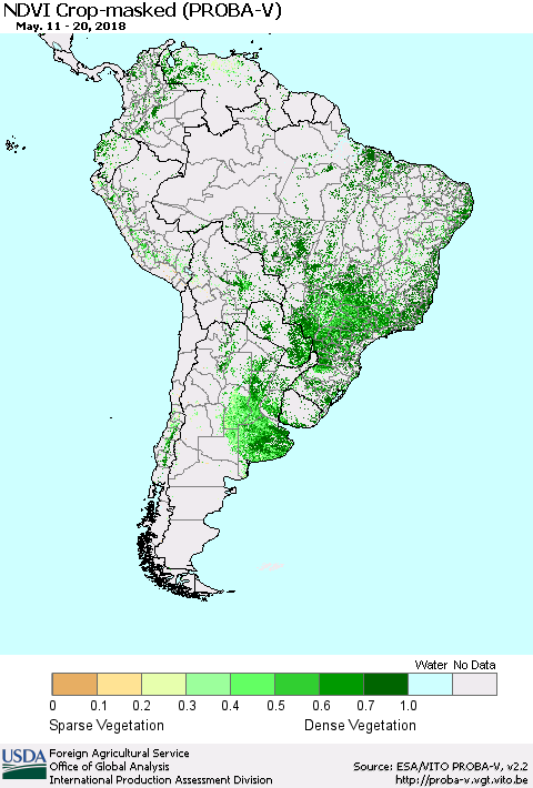 South America NDVI Crop-masked (PROBA-V) Thematic Map For 5/11/2018 - 5/20/2018