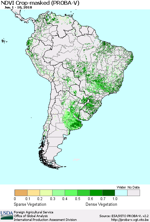South America NDVI Crop-masked (PROBA-V) Thematic Map For 6/1/2018 - 6/10/2018