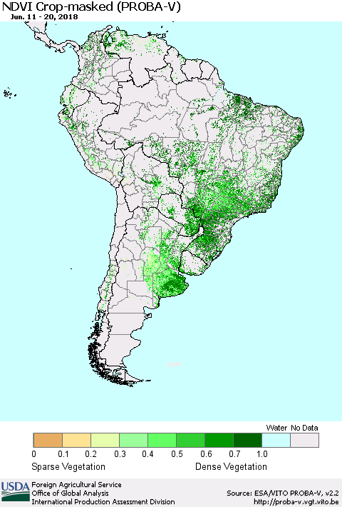 South America NDVI Crop-masked (PROBA-V) Thematic Map For 6/11/2018 - 6/20/2018