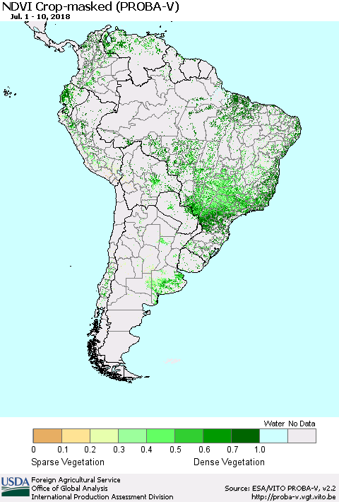 South America NDVI Crop-masked (PROBA-V) Thematic Map For 7/1/2018 - 7/10/2018