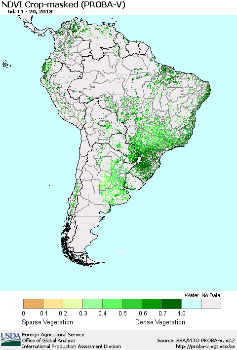 South America NDVI Crop-masked (PROBA-V) Thematic Map For 7/11/2018 - 7/20/2018
