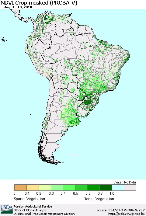 South America NDVI Crop-masked (PROBA-V) Thematic Map For 8/1/2018 - 8/10/2018