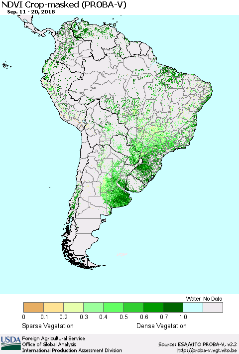 South America NDVI Crop-masked (PROBA-V) Thematic Map For 9/11/2018 - 9/20/2018