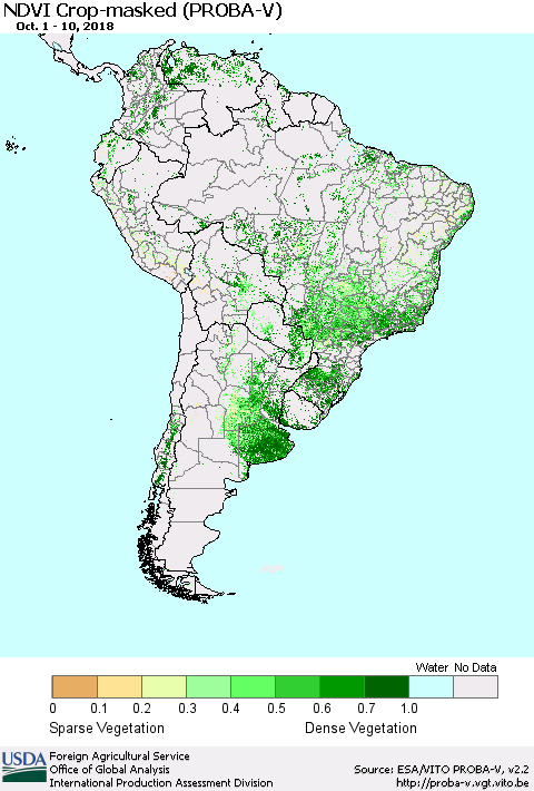 South America NDVI Crop-masked (PROBA-V) Thematic Map For 10/1/2018 - 10/10/2018