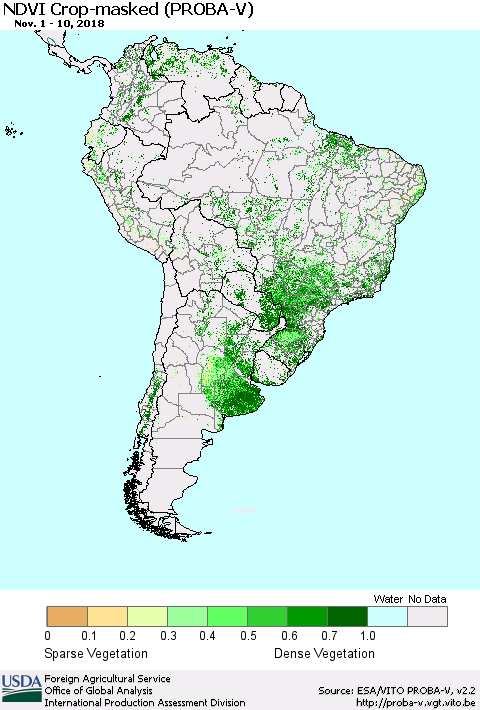 South America NDVI Crop-masked (PROBA-V) Thematic Map For 11/1/2018 - 11/10/2018