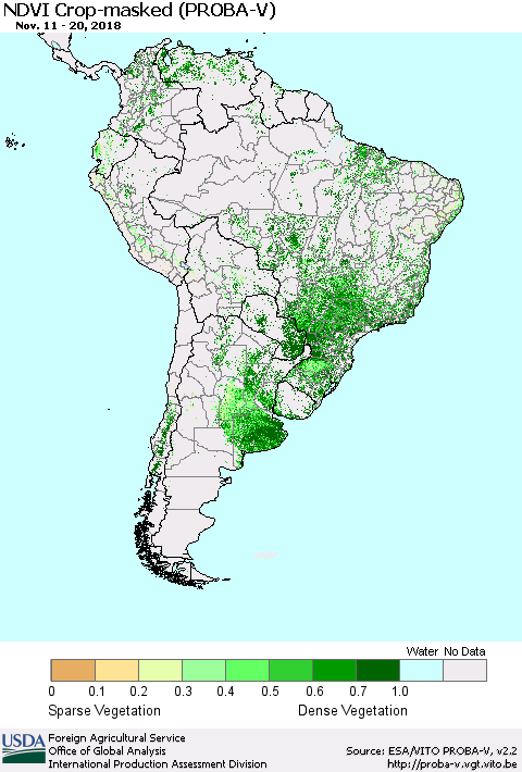 South America NDVI Crop-masked (PROBA-V) Thematic Map For 11/11/2018 - 11/20/2018