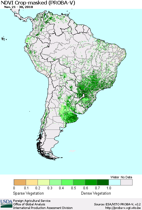 South America NDVI Crop-masked (PROBA-V) Thematic Map For 11/21/2018 - 11/30/2018