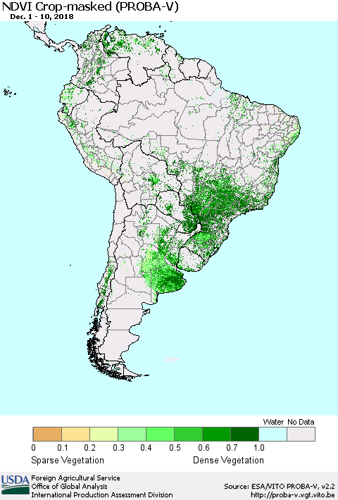 South America NDVI Crop-masked (PROBA-V) Thematic Map For 12/1/2018 - 12/10/2018