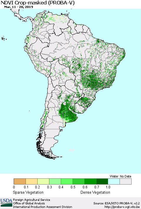 South America NDVI Crop-masked (PROBA-V) Thematic Map For 3/11/2019 - 3/20/2019