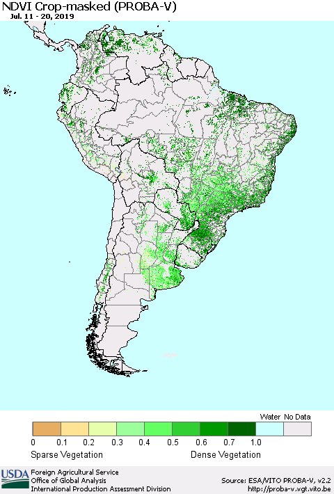 South America NDVI Crop-masked (PROBA-V) Thematic Map For 7/11/2019 - 7/20/2019