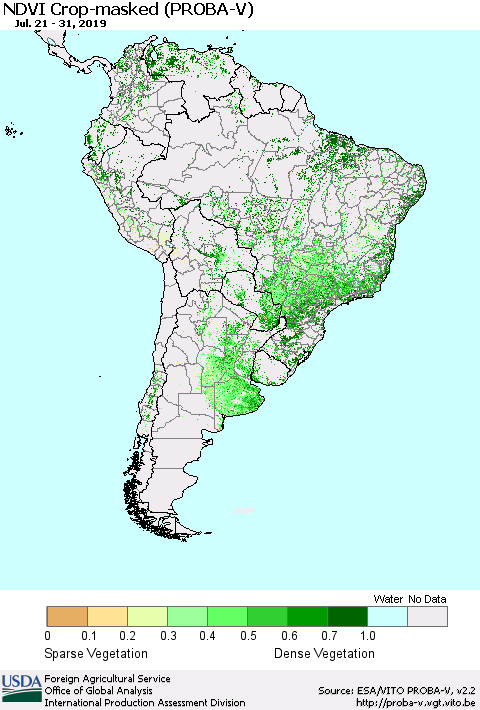 South America NDVI Crop-masked (PROBA-V) Thematic Map For 7/21/2019 - 7/31/2019