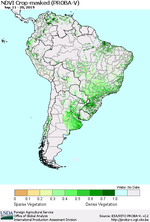 South America NDVI Crop-masked (PROBA-V) Thematic Map For 9/11/2019 - 9/20/2019