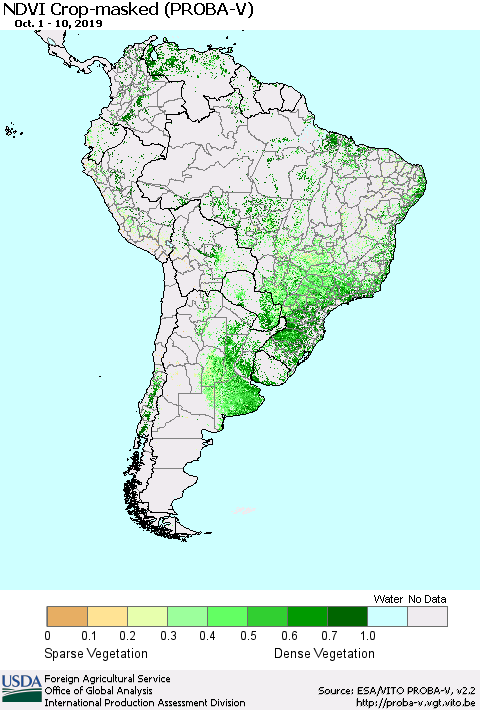 South America NDVI Crop-masked (PROBA-V) Thematic Map For 10/1/2019 - 10/10/2019