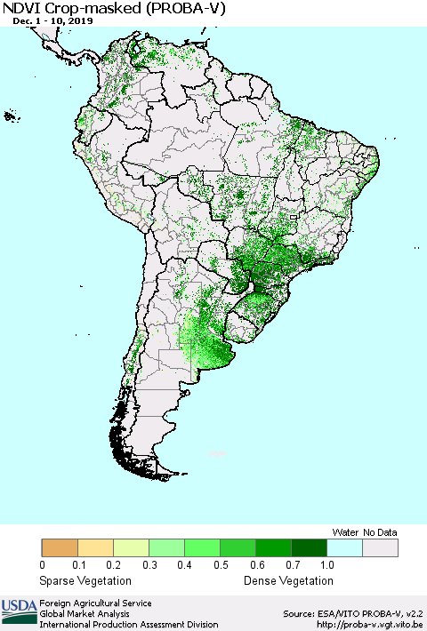South America NDVI Crop-masked (PROBA-V) Thematic Map For 12/1/2019 - 12/10/2019