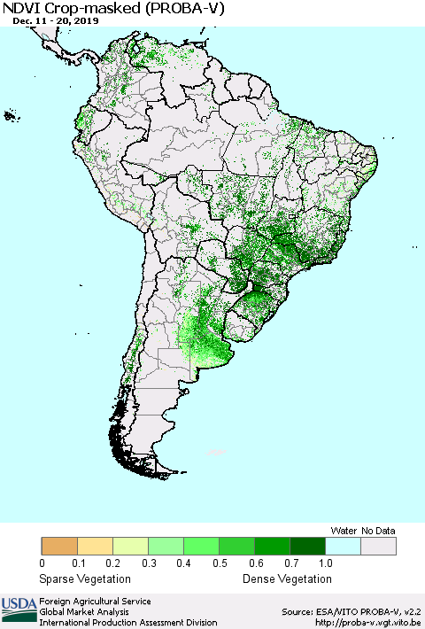 South America NDVI Crop-masked (PROBA-V) Thematic Map For 12/11/2019 - 12/20/2019