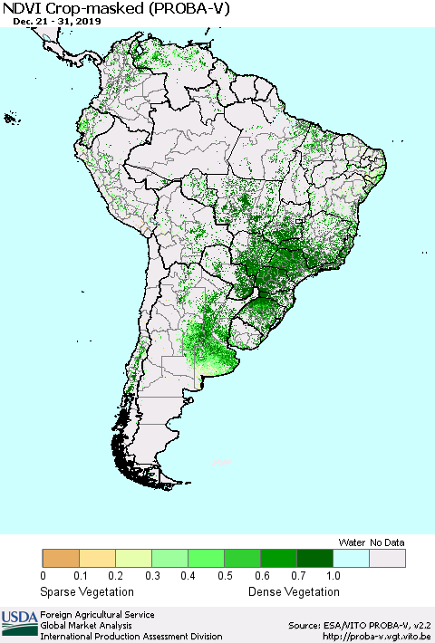 South America NDVI Crop-masked (PROBA-V) Thematic Map For 12/21/2019 - 12/31/2019