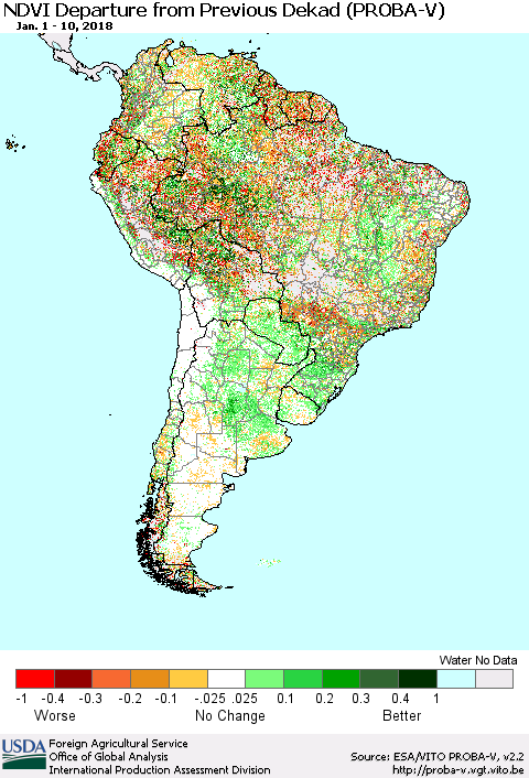 South America NDVI Departure from Previous Dekad (PROBA-V) Thematic Map For 1/1/2018 - 1/10/2018