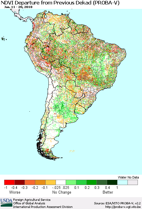South America NDVI Departure from Previous Dekad (PROBA-V) Thematic Map For 1/11/2018 - 1/20/2018