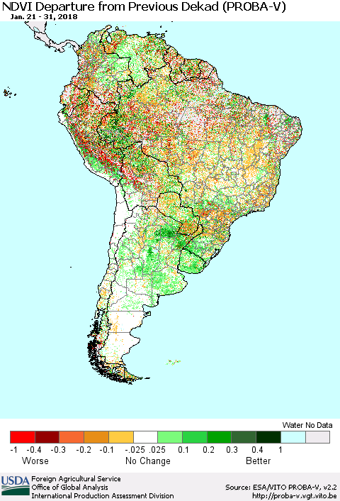 South America NDVI Departure from Previous Dekad (PROBA-V) Thematic Map For 1/21/2018 - 1/31/2018