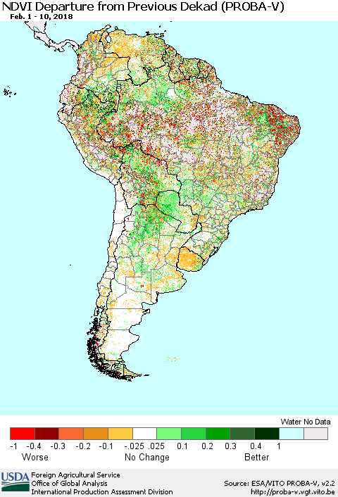 South America NDVI Departure from Previous Dekad (PROBA-V) Thematic Map For 2/1/2018 - 2/10/2018
