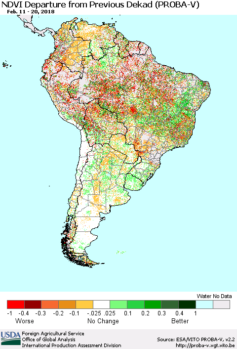 South America NDVI Departure from Previous Dekad (PROBA-V) Thematic Map For 2/11/2018 - 2/20/2018