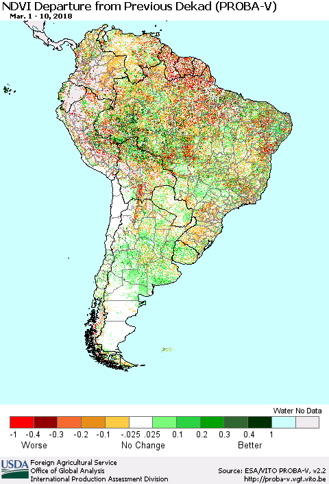 South America NDVI Departure from Previous Dekad (PROBA-V) Thematic Map For 3/1/2018 - 3/10/2018