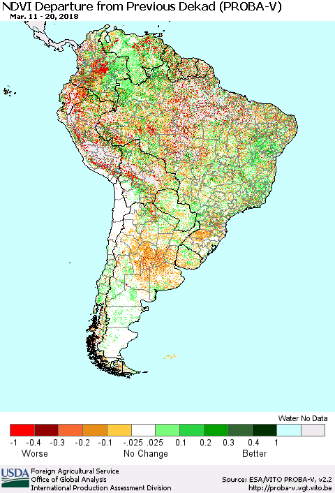 South America NDVI Departure from Previous Dekad (PROBA-V) Thematic Map For 3/11/2018 - 3/20/2018