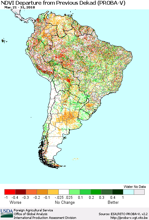 South America NDVI Departure from Previous Dekad (PROBA-V) Thematic Map For 3/21/2018 - 3/31/2018