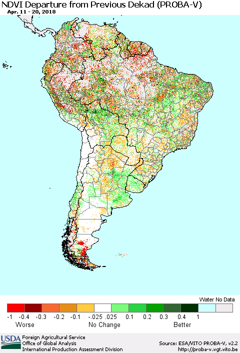 South America NDVI Departure from Previous Dekad (PROBA-V) Thematic Map For 4/11/2018 - 4/20/2018