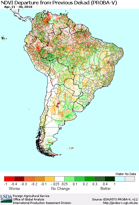 South America NDVI Departure from Previous Dekad (PROBA-V) Thematic Map For 4/21/2018 - 4/30/2018