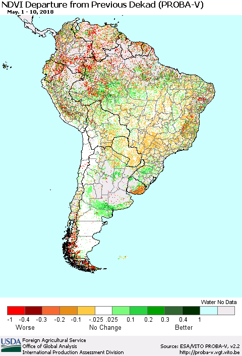 South America NDVI Departure from Previous Dekad (PROBA-V) Thematic Map For 5/1/2018 - 5/10/2018