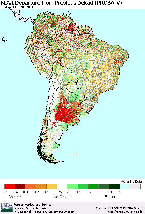 South America NDVI Departure from Previous Dekad (PROBA-V) Thematic Map For 5/11/2018 - 5/20/2018