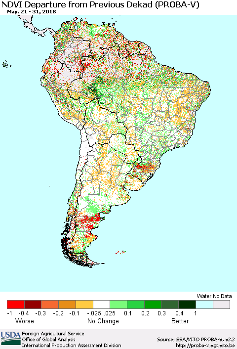 South America NDVI Departure from Previous Dekad (PROBA-V) Thematic Map For 5/21/2018 - 5/31/2018