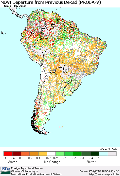 South America NDVI Departure from Previous Dekad (PROBA-V) Thematic Map For 6/1/2018 - 6/10/2018