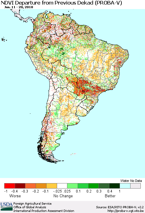 South America NDVI Departure from Previous Dekad (PROBA-V) Thematic Map For 6/11/2018 - 6/20/2018