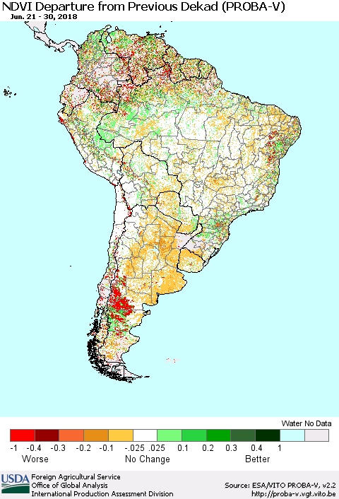 South America NDVI Departure from Previous Dekad (PROBA-V) Thematic Map For 6/21/2018 - 6/30/2018