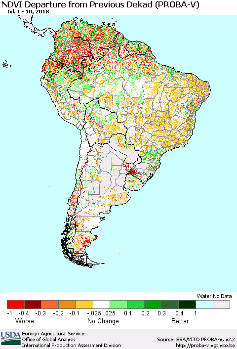South America NDVI Departure from Previous Dekad (PROBA-V) Thematic Map For 7/1/2018 - 7/10/2018