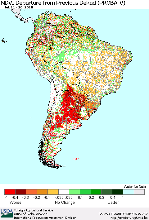 South America NDVI Departure from Previous Dekad (PROBA-V) Thematic Map For 7/11/2018 - 7/20/2018