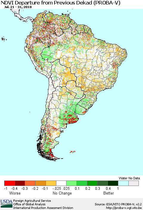South America NDVI Departure from Previous Dekad (PROBA-V) Thematic Map For 7/21/2018 - 7/31/2018