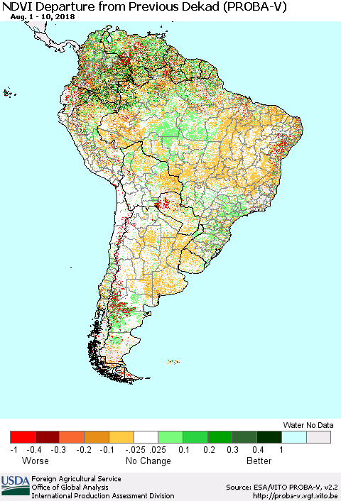 South America NDVI Departure from Previous Dekad (PROBA-V) Thematic Map For 8/1/2018 - 8/10/2018