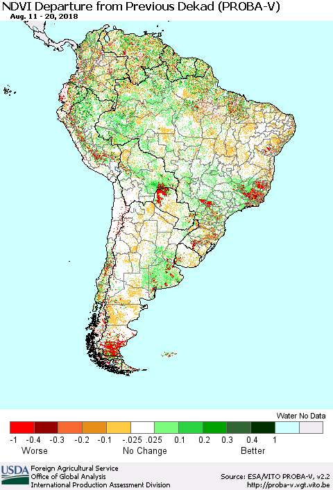 South America NDVI Departure from Previous Dekad (PROBA-V) Thematic Map For 8/11/2018 - 8/20/2018