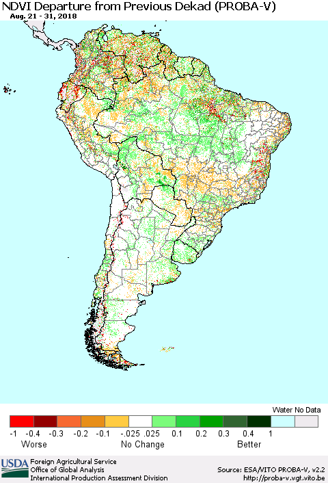South America NDVI Departure from Previous Dekad (PROBA-V) Thematic Map For 8/21/2018 - 8/31/2018