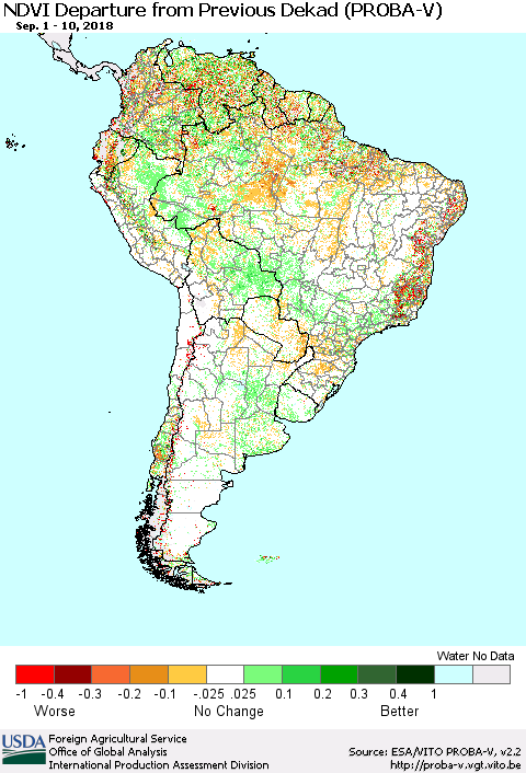 South America NDVI Departure from Previous Dekad (PROBA-V) Thematic Map For 9/1/2018 - 9/10/2018