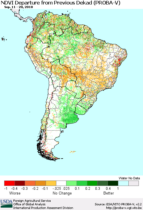 South America NDVI Departure from Previous Dekad (PROBA-V) Thematic Map For 9/11/2018 - 9/20/2018