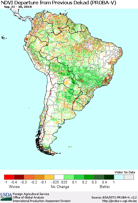 South America NDVI Departure from Previous Dekad (PROBA-V) Thematic Map For 9/21/2018 - 9/30/2018