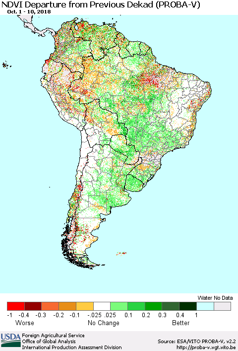 South America NDVI Departure from Previous Dekad (PROBA-V) Thematic Map For 10/1/2018 - 10/10/2018