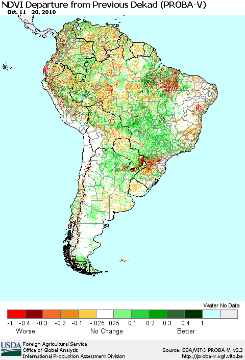 South America NDVI Departure from Previous Dekad (PROBA-V) Thematic Map For 10/11/2018 - 10/20/2018