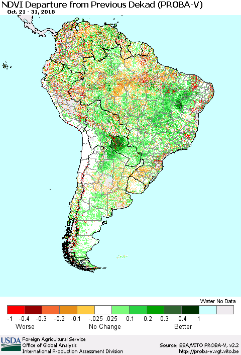 South America NDVI Departure from Previous Dekad (PROBA-V) Thematic Map For 10/21/2018 - 10/31/2018