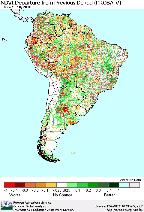 South America NDVI Departure from Previous Dekad (PROBA-V) Thematic Map For 11/1/2018 - 11/10/2018