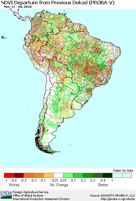 South America NDVI Departure from Previous Dekad (PROBA-V) Thematic Map For 11/11/2018 - 11/20/2018